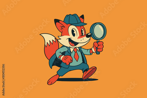 Cartoon Fox Detective Character Holding Magnifying Glass.