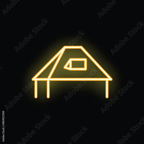 Neon sign depicting a camping tent, glowing yellow against a dark background