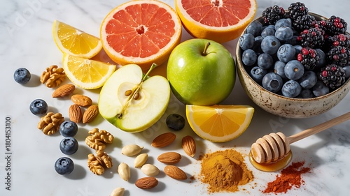 Fototapeta Naklejka Na Ścianę i Meble -  Healthy antioxidant rich superfood with fruits nuts honey and spices