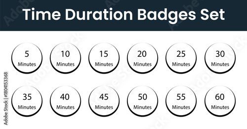 Clean Minimal Monochrome Circular Time Labels Set with 5-60 Minute Intervals Bold Numbers Radial Lines | Modern Flat Vector Timer Badges and Clock Icons Pack