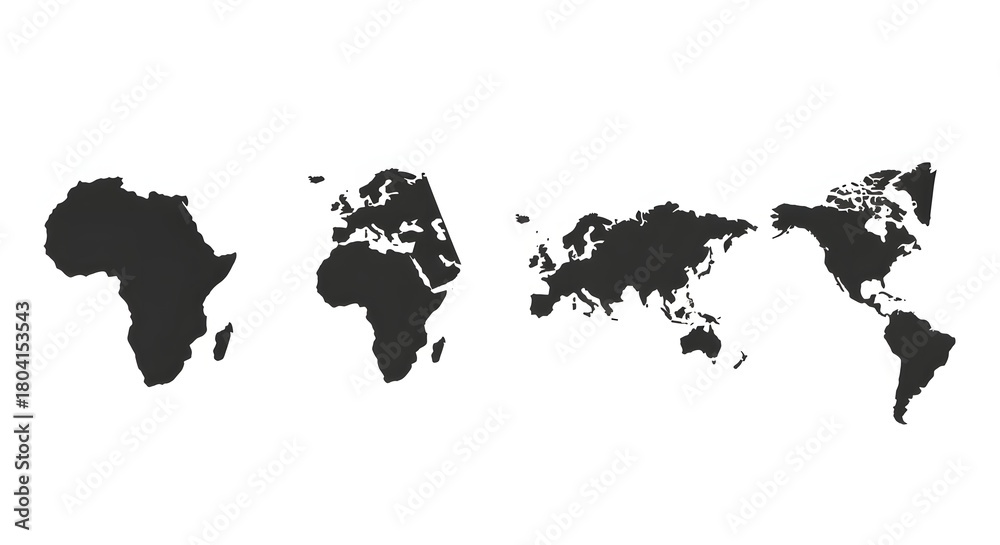 Naklejka premium World map of continents, countries, and global travel, showing Europe, Asia, and the Americas on black or white background vector illustration