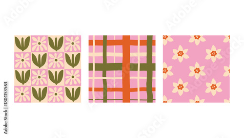 Abstract Vintage Pink Seamless Patterns Set. Trendy hand drawn floral and checked backgrounds collection with gingham minimal textures. Repeat vector illustration. Retro design