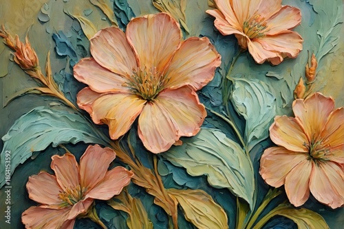 Wallpaper Mural A vibrant, impressionistic painting of soft peach and yellow flowers with lush green leaves, rendered in thick, textured brushstrokes against a dreamy blend of teal and earth tones. Torontodigital.ca