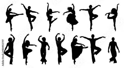 Black Silhouette Vector of Dancers Performing Diverse Movements and Energetic Poses, Fluid Minimal Shapes, Isolated on White Background, Editable Dance Vector Sheet Illustration

