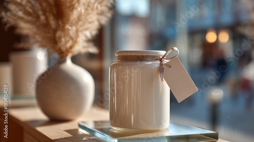 Minimalist product mockup ceramic candle jar with blank tag in warm sunlight, calm modern boutique display for branding and packaging design