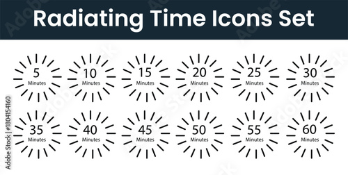 Clean Minimal Monochrome Circular Time Labels Set with 5-60 Minute Intervals Bold Numbers Radial Lines | Modern Flat Vector Timer Badges and Clock Icons Pack