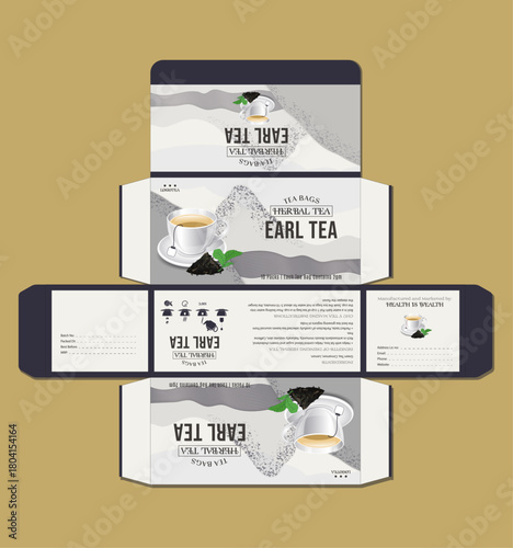 Elegant herbal tea box packaging with cup and leaf design