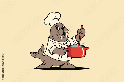Chef Walrus Cooking Delicious Food in Pot.