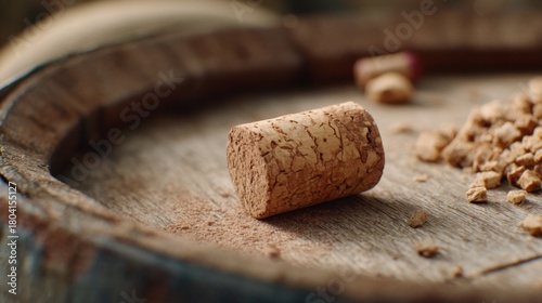 wine cork barrel rustic closeup — single cork on weathered oak, warm light and calm mood, still life style for winery branding, packaging design, tasting promotions, craft beverage