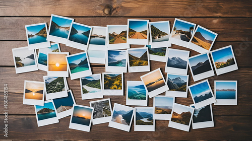 Assortment of travel polaroids spread out randomly on wooden table, overhead photo
