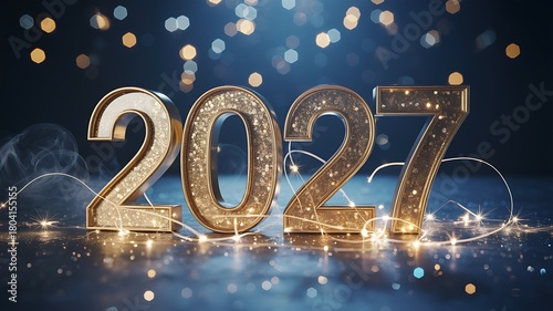 Shimmering 2027 Numerals on a Dark Background with Bokeh Lights