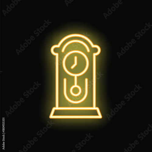 Yellow neon icon of a grandfather clock glowing on a black background