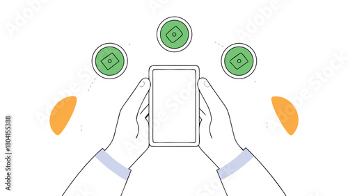 A close-up minimalist line illustration of a person's hands holding a smartphone with money or payment icons orbiting overhead symbolizing mobile finance and digital transactions