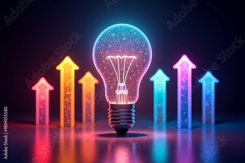 Neon lightbulb glowing among colorful upward arrows, symbolizing innovation and growth in a futuristic setting.