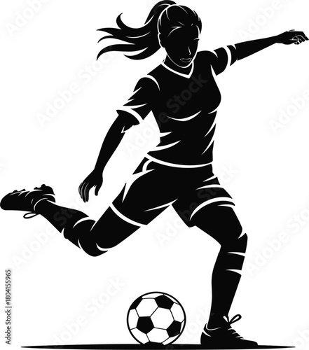Female soccer player kicking ball silhouette vector illustration, woman football athlete in action, sport championship black graphic design