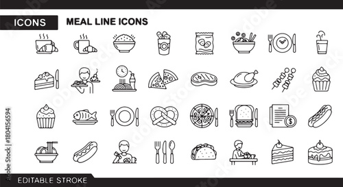 Set of meal line icons food and drink vector symbols editable stroke for restaurant menu and app des