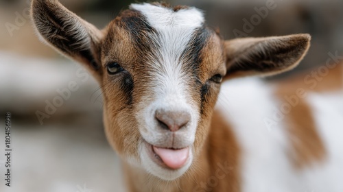 Baby goat portrait, playful winking kid sticking tongue; closeup farm animal, natural light and soft bokeh; cheerful stock image for agriculture, education, children