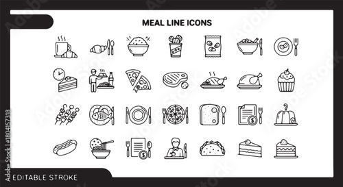 Set of meal line icons food and drink vector elements editable stroke for web and print
