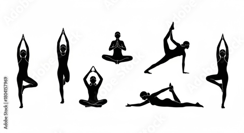 Black Silhouette Vector of Yoga Poses in Calm Balanced Arrangement, Minimal Human Outlines with Consistent Line Thickness, Modern Wellness Vector Illustration

