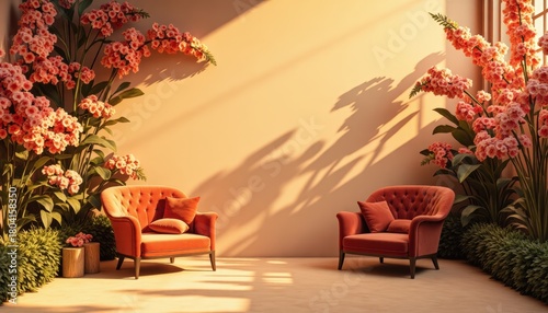 Fototapeta Naklejka Na Ścianę i Meble -  Cozy Living Room Interior with Floral Decor and Warm Sunlight