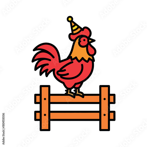 A humorous and colorful cartoon rooster wearing a small striped yellow party hat while standing proudly on a simple orange wooden fence