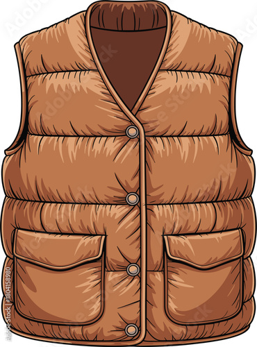 Brown puffer vest fashion vector illustration, quilted down vest outerwear apparel clothing, winter casual garment on white