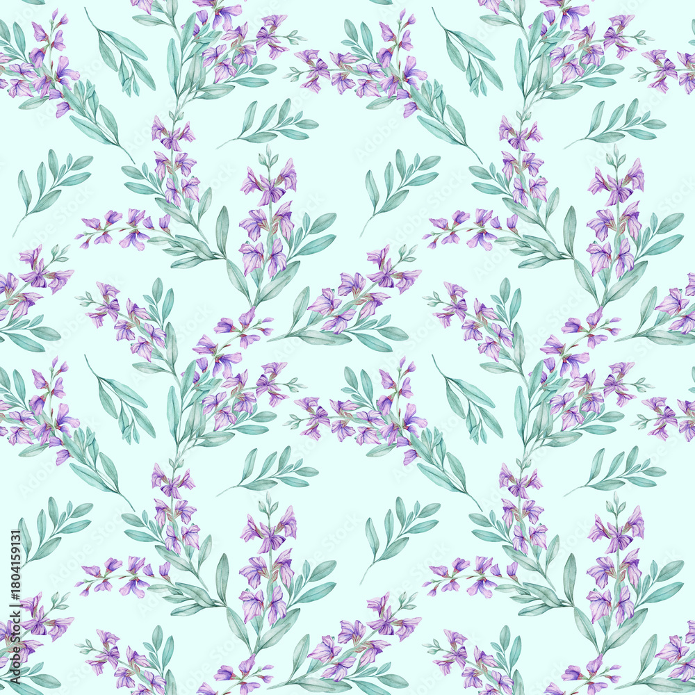 Obraz premium Hand drawn watercolor illustration seamless pattern of violet sage blossoms with green foliage. Ideal for textile designs, wrapping paper, stationery, wallpapers, and decorative packaging.