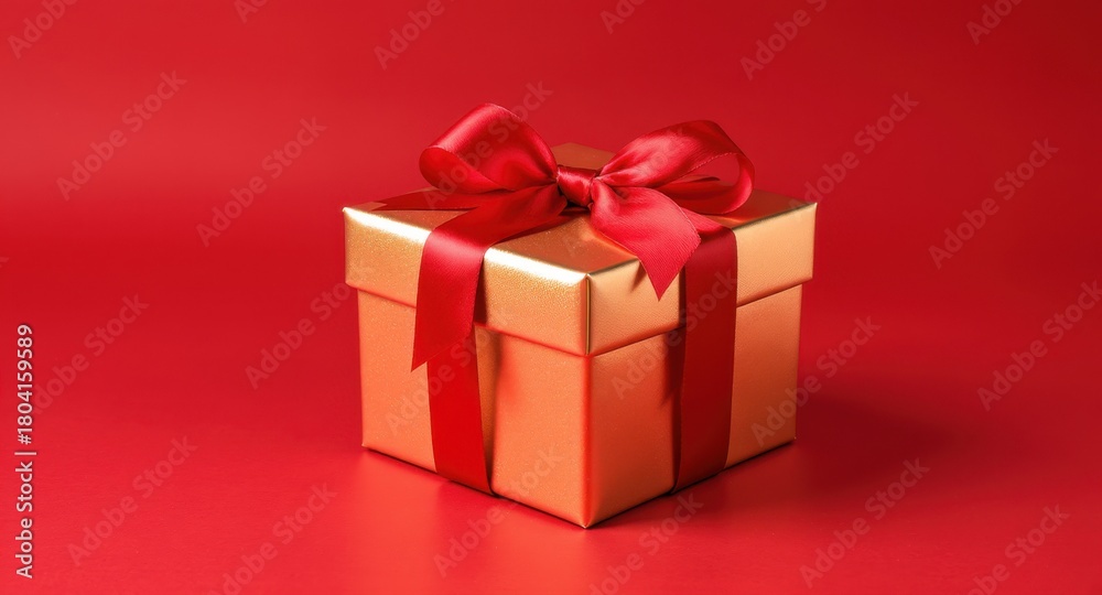 Fototapeta premium Gold gift box with red ribbon and copy space on bright red background. Ideal for Christmas marketing, holiday retail promotions, seasonal product packaging and festive advertising.