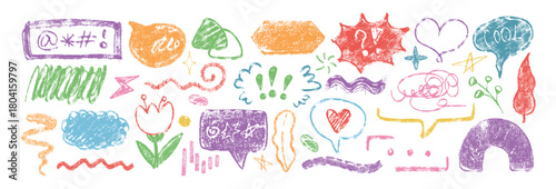 Hand drawn crayon speech bubbles, wavy lines and children scribbles. Chalk pencil texture cute kid doodle icons set. Colorful text box, dialogue balloons, talk frames, flower, hearts in sketch style