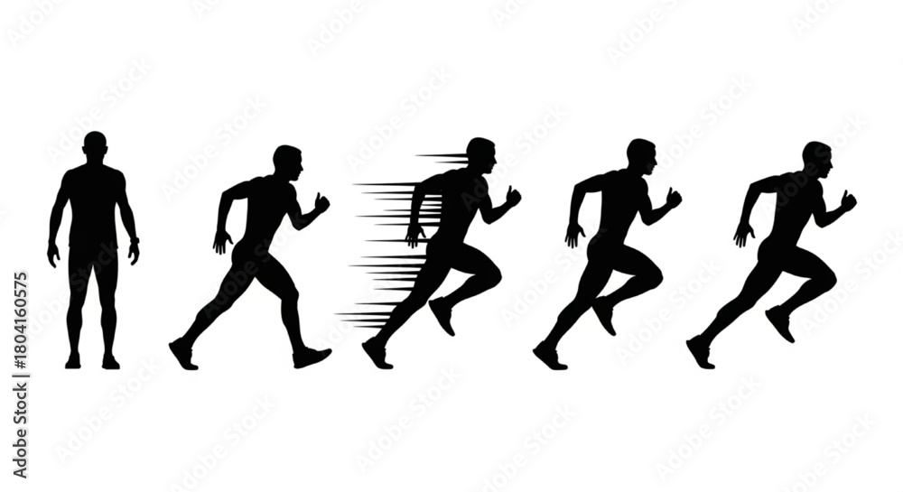Fototapeta premium Black Silhouette Vector of Runner Positions Showing Motion Stages, Clean Minimal Outlines, Isolated on White Background, Dynamic Athletic Vector Illustration