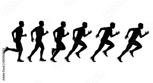 Black Silhouette Vector of Runner Positions Showing Motion Stages, Clean Minimal Outlines, Isolated on White Background, Dynamic Athletic Vector Illustration

