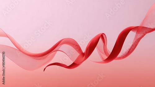Red Mesh Ribbon Flowing On Pink Gradient Background. Elegant Movement And Feminine Abstract Decor For Celebrations, Gifts, Fashion Visuals