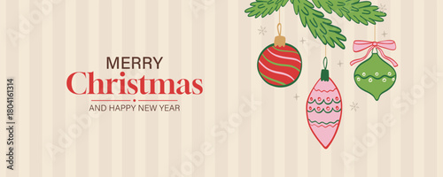 Christmas vintage background with tree decorations. Retro design for card, invitation, banner. Vector xmas illustration.