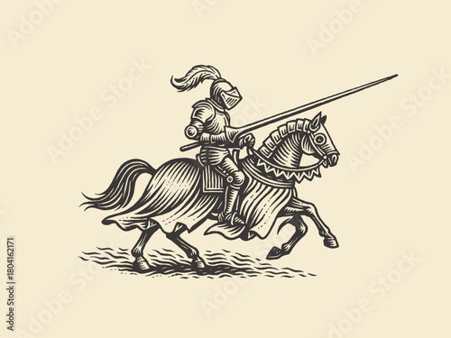 Knight on horse with lance vintage engraving vector illustration