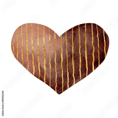 Vector Watercolor brown Heart Freehand with golden elements . Black lives matter. Valentine's Day decoration. Nude and neutral colors. Hearty watercolour gold hand drawn