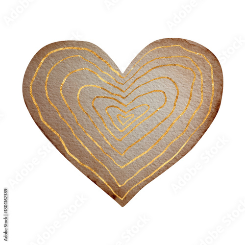 Vector Watercolor brown Heart Freehand with golden elements . Black lives matter. Valentine's Day decoration. Nude and neutral colors. Hearty watercolour gold hand drawn