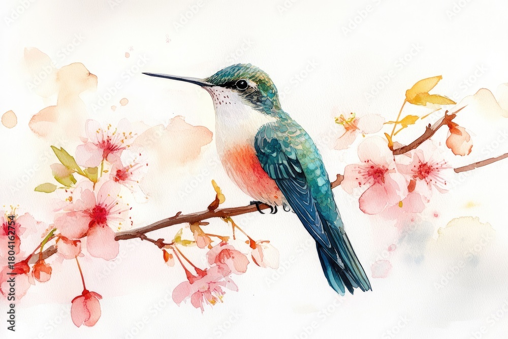 Obraz premium Vibrant watercolor hummingbird with teal, white, and coral plumage perches delicately on a branch adorned with soft pink cherry blossoms, exuding springtime serenity.