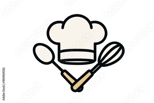 A minimalist line art illustration featuring a chef's hat, a spoon, and a whisk, representing kitchen utensils. The design is clean and simple, perfect for culinary related designs.	