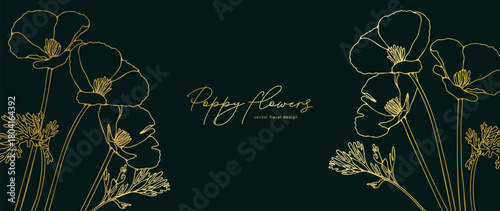 Poppy gold bouquet vector hand drawn illustration. Luxury gold poppy flowers thin lines ffon for decor, posters or greeting cards