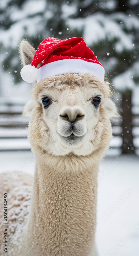 Obraz premium Close-up of an alpaca wearing a red Santa hat in a snowy setting, representing winter, celebration, and the Christmas holiday season