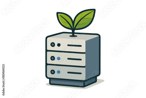 Illustration of a server farm with a sprout growing on top, symbolizing green technology and sustainable data management. The image represents the concept of eco-friendly data centers and environment