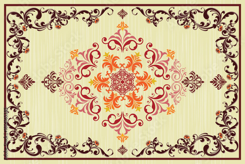 A formal, ornate decorative panel design, resembling a traditional carpet or ceiling fresco, with a dark foliate border framing a central diamond motif in warm shades of crimson