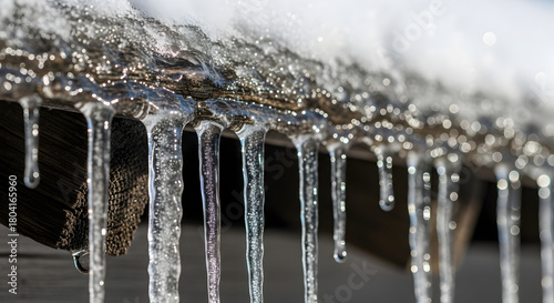 Frozen Long Icicle Hanging from Eaves in a Winter Landscape
