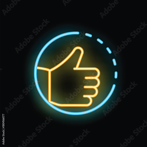 Bright neon yellow thumbs up sign is glowing inside a blue circle on a black background