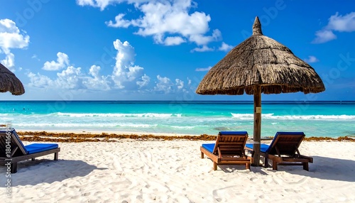 Fototapeta Naklejka Na Ścianę i Meble -  Tropical Beach Paradise - Relaxing Under a Thatched Umbrella.