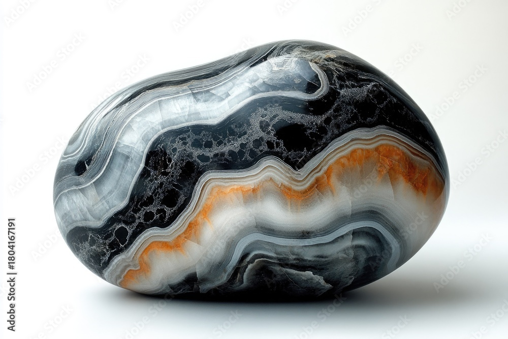 Obraz premium A polished, multi-banded agate or onyx stone showcases natural black, grey, white, and striking orange layers. Its smooth, rounded form highlights intricate geological patterns.