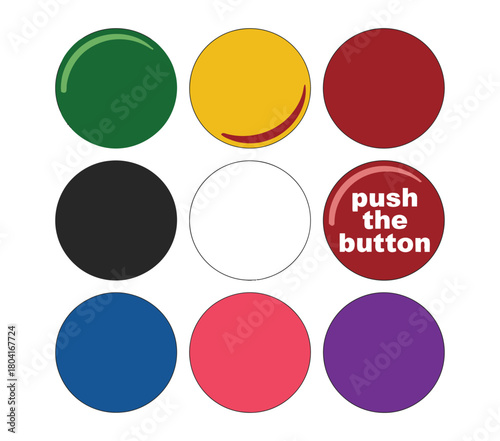 A grid of nine colorful buttons, one reads 'push the button'.