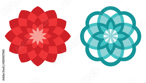 Two abstract flower designs red and blue floral pattern background