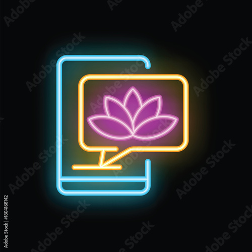 Vibrant neon lotus flower inside a chat bubble on a smartphone screen, suggesting online meditation or wellness app