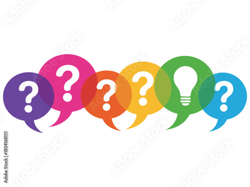 A row of colorful speech bubbles with question marks and one lightbulb represents inquiry and ideas.